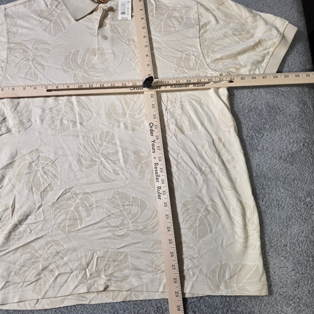 Caribbean Mens L Polo Shirt Cream Silk Cotton Monstera Leaf Jacquard Resort S750 - Picture 2 of 6